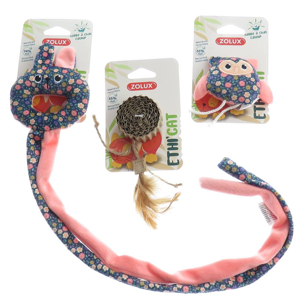 3 jouets, chouette, disque carton et jouet de porte tissu fleur,  pour chat - Imagen 4