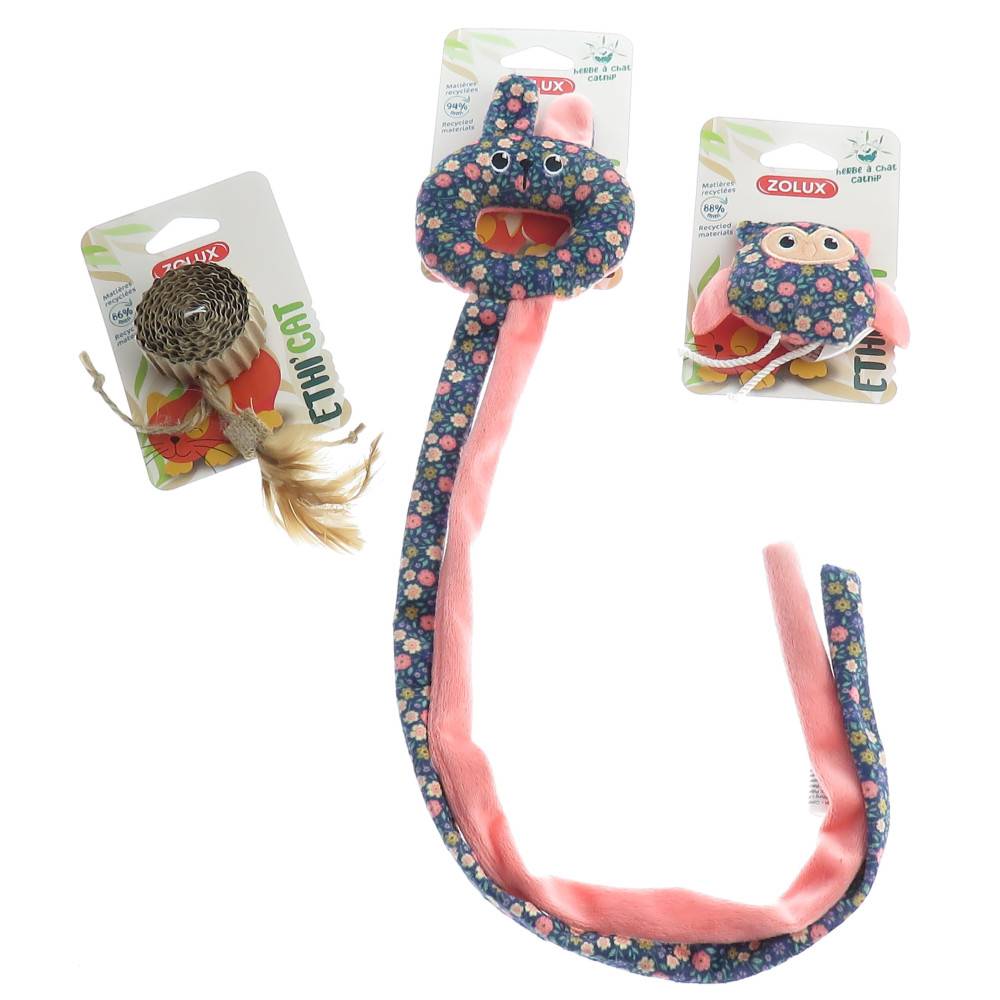 3 jouets, chouette, disque carton et jouet de porte tissu fleur,  pour chat - Imagen 1