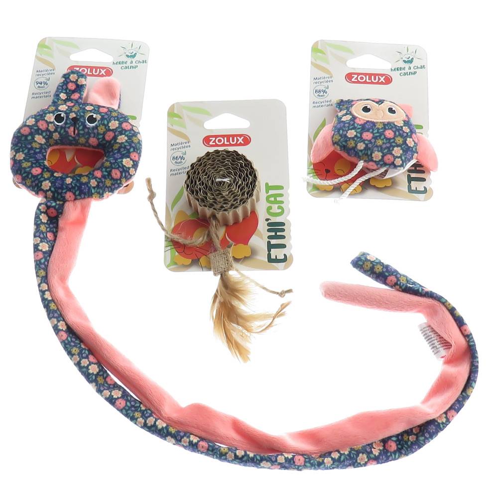 3 jouets, chouette, disque carton et jouet de porte tissu fleur,  pour chat - Imagen 2