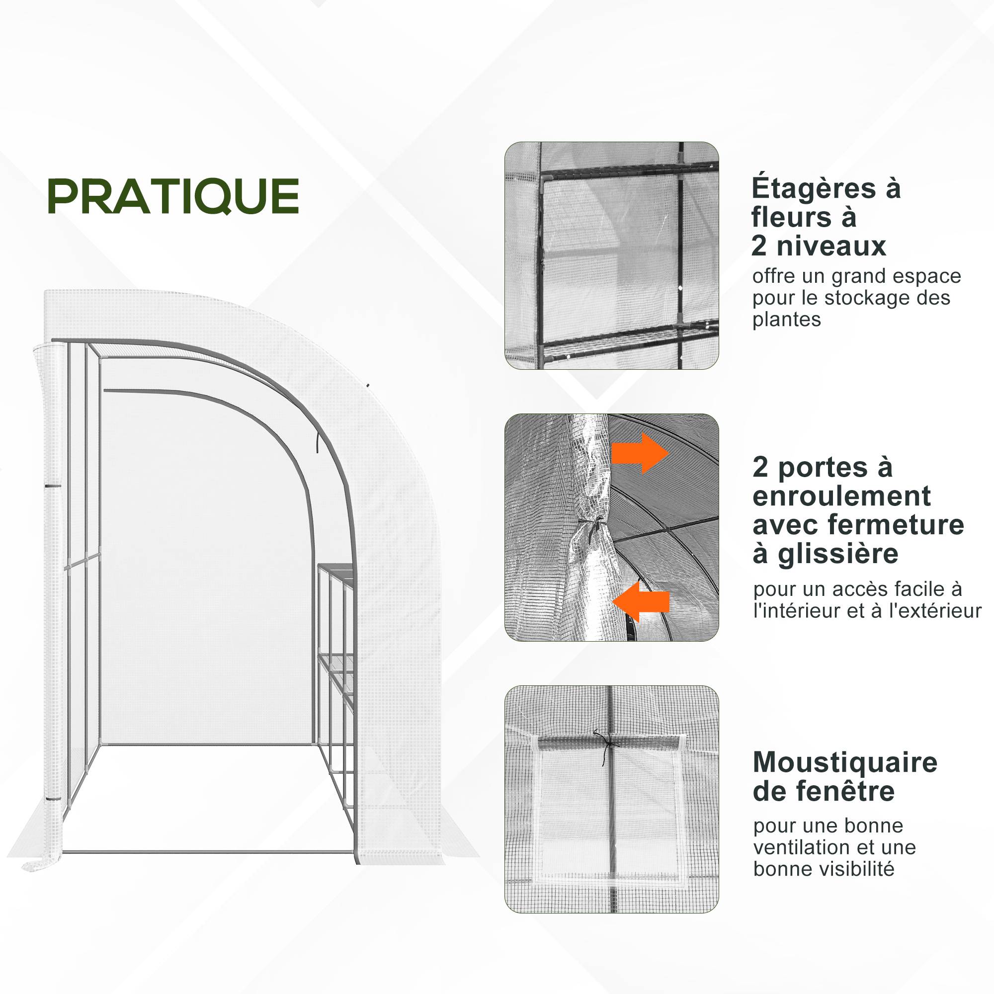 Serre de Jardin adossée avec Étagères 3 Niveaux, Petite Serre de Balcon en Bâche PE 140 g/㎡ 300 x 150 x 213 cm, blanc - Image 9