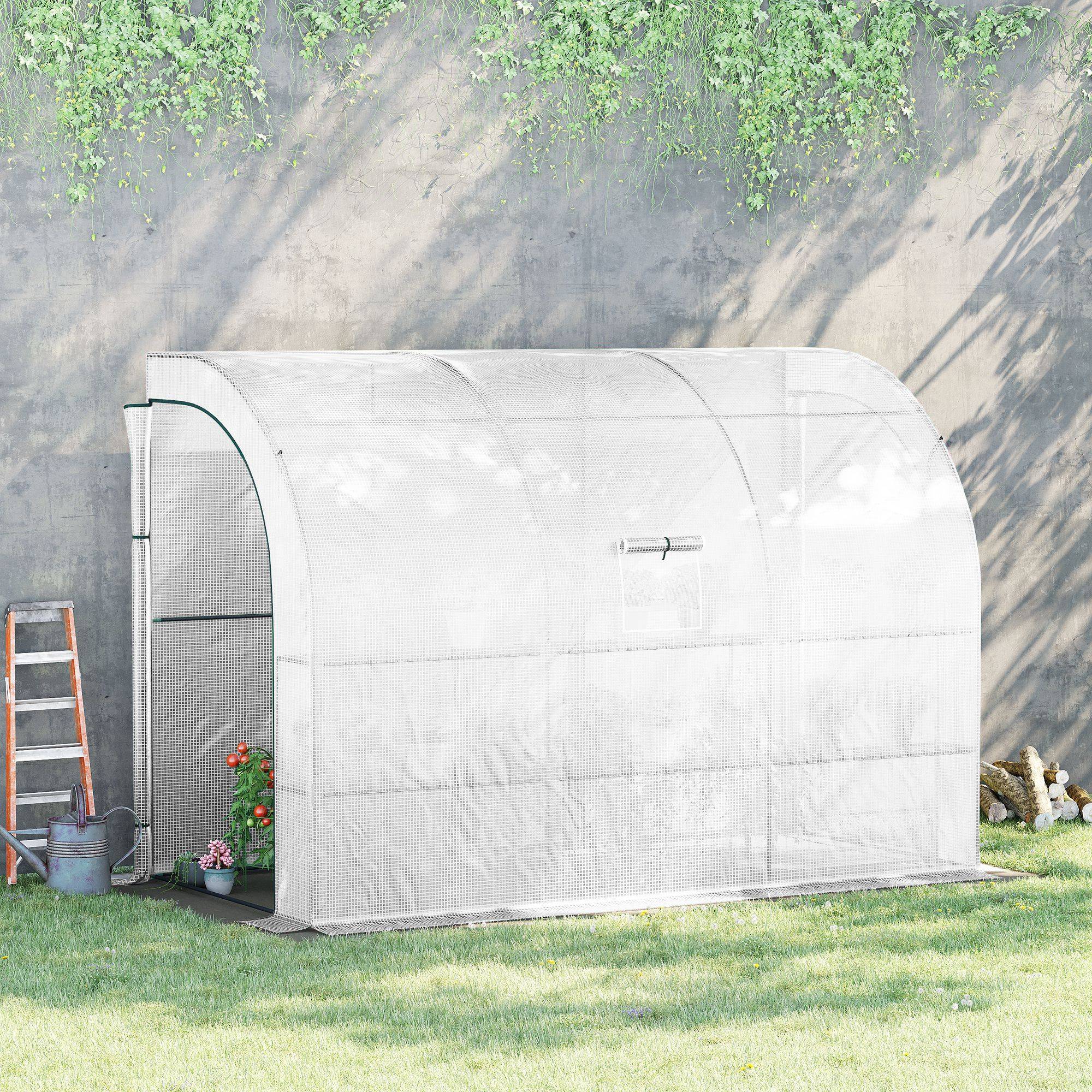 Serre de Jardin adossée avec Étagères 3 Niveaux, Petite Serre de Balcon en Bâche PE 140 g/㎡ 300 x 150 x 213 cm, blanc - Image 3