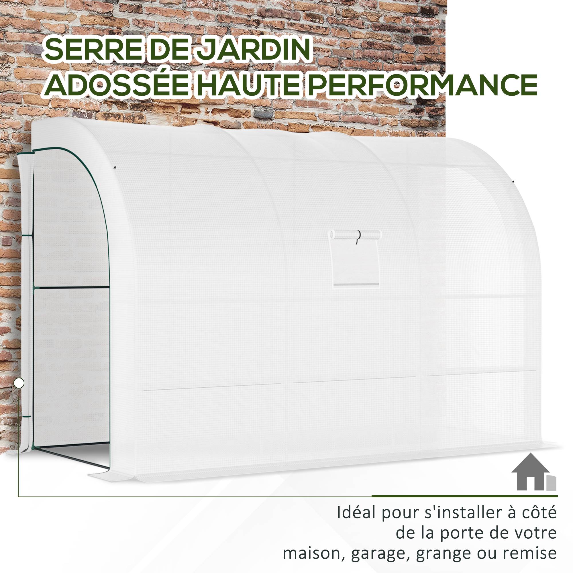 Serre de Jardin adossée avec Étagères 3 Niveaux, Petite Serre de Balcon en Bâche PE 140 g/㎡ 300 x 150 x 213 cm, blanc - Image 8