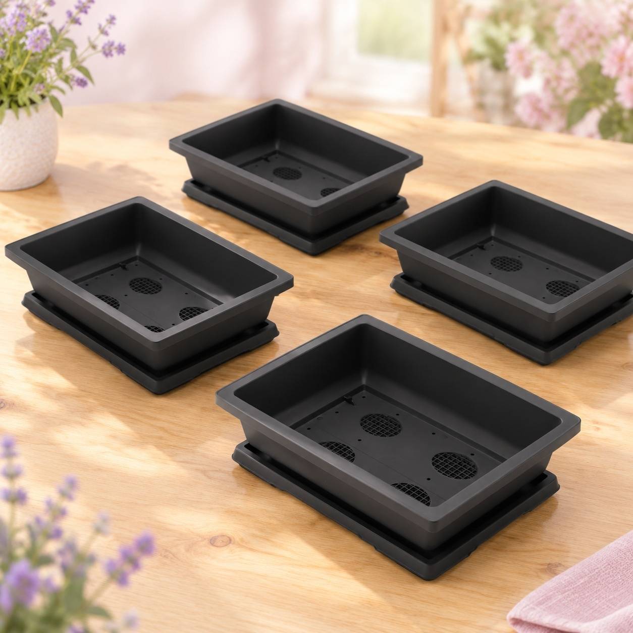 Set de 4 Pots Bonsaï Rectangulaires avec Soucoupes en Plastique - Image 4