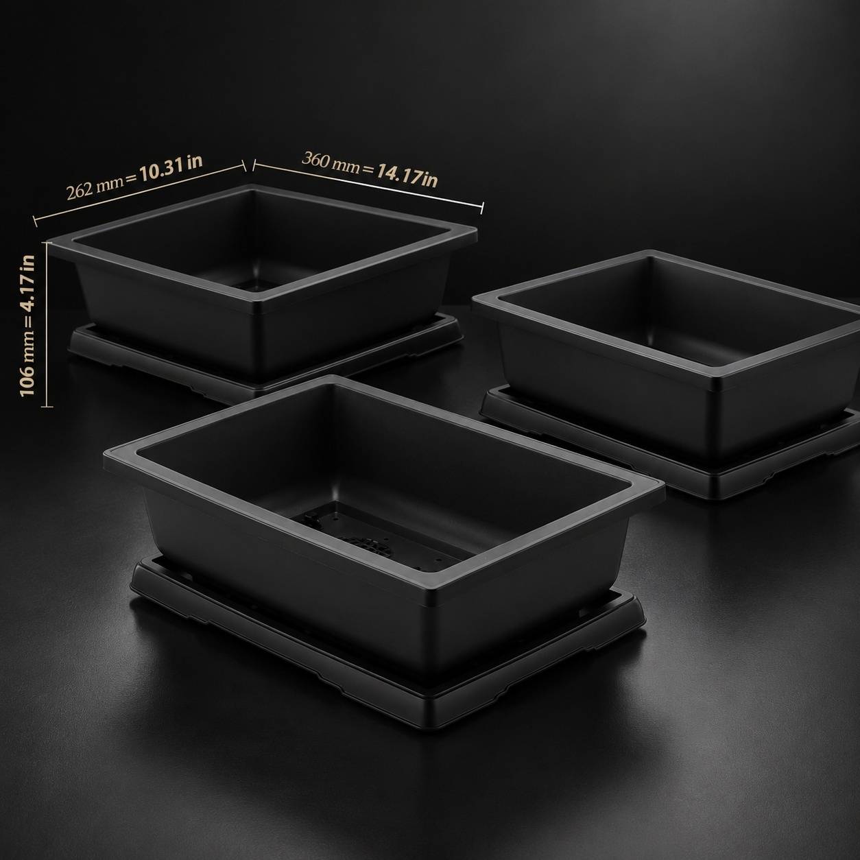Set de 4 Pots Bonsaï Rectangulaires avec Soucoupes en Plastique - Image 2