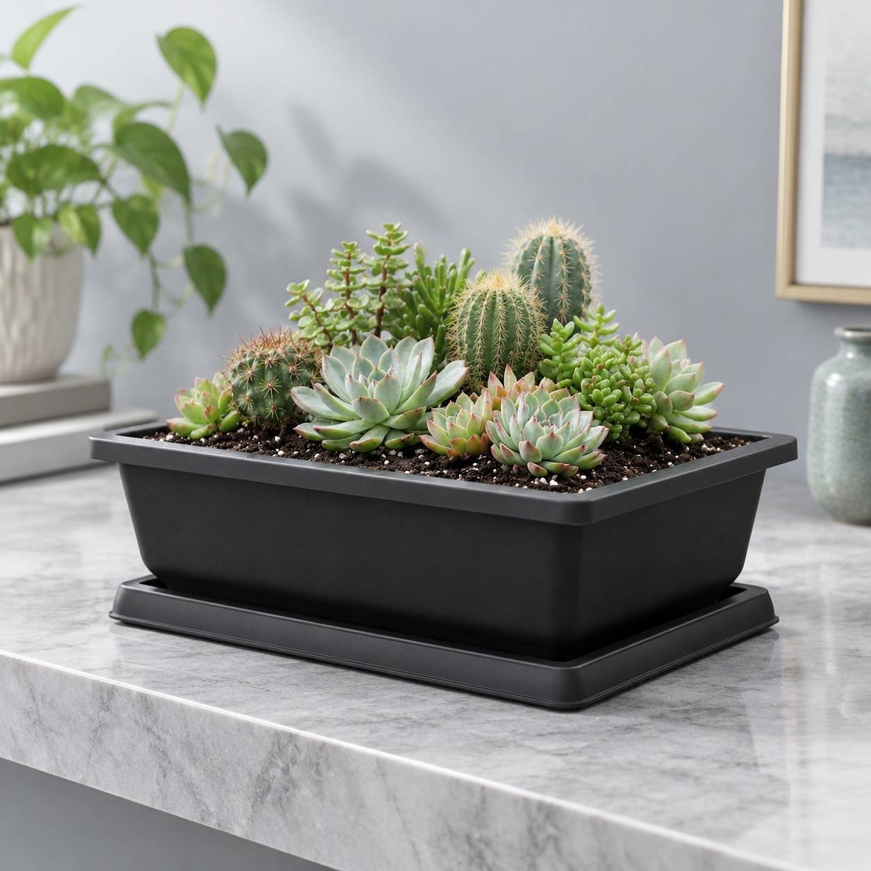 Set de 4 Pots Bonsaï Rectangulaires avec Soucoupes en Plastique - Image 8