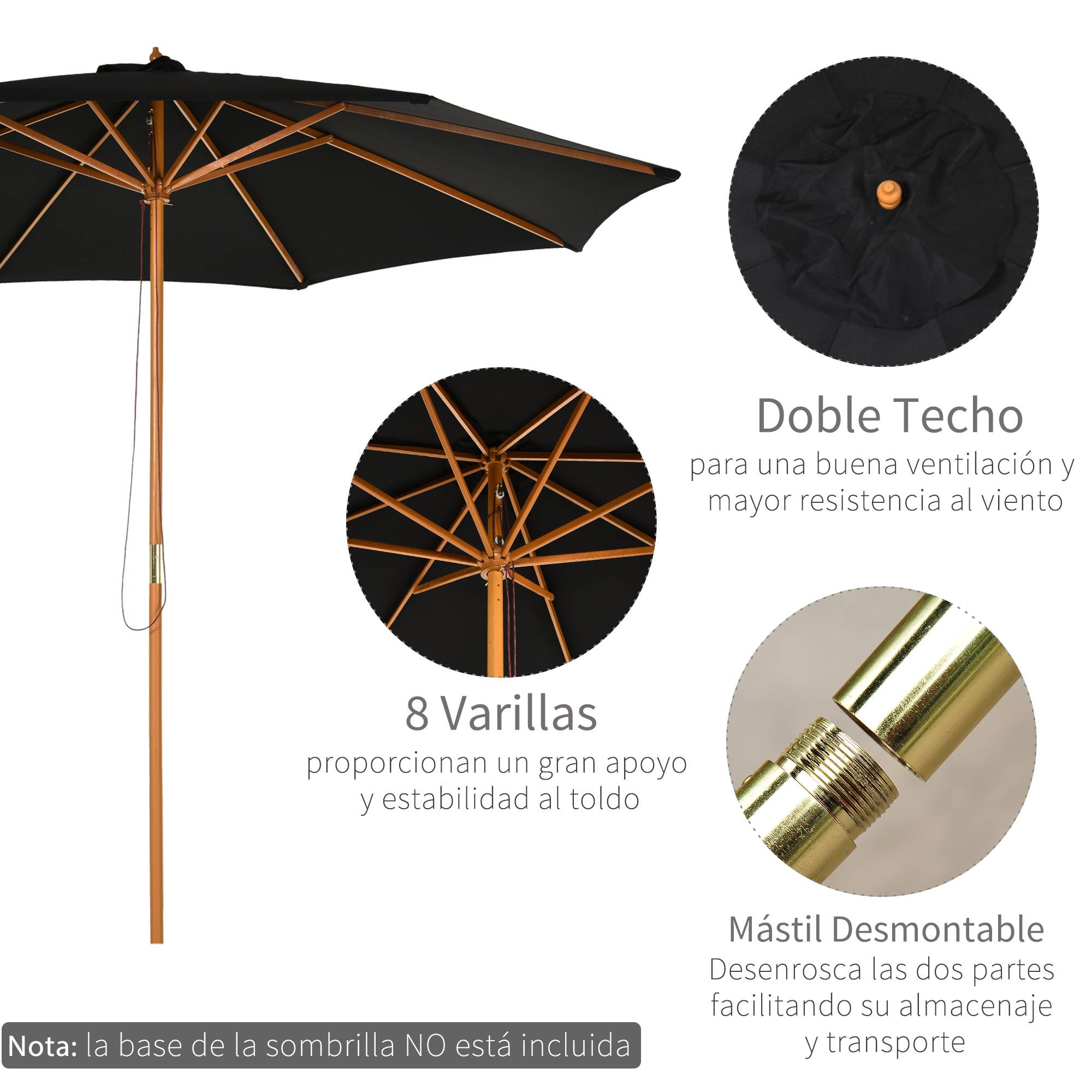 Parasol de terrasse extérieur Ø300 cm avec système de poulie, toit ventilé et mât détachable, noir - Image 7