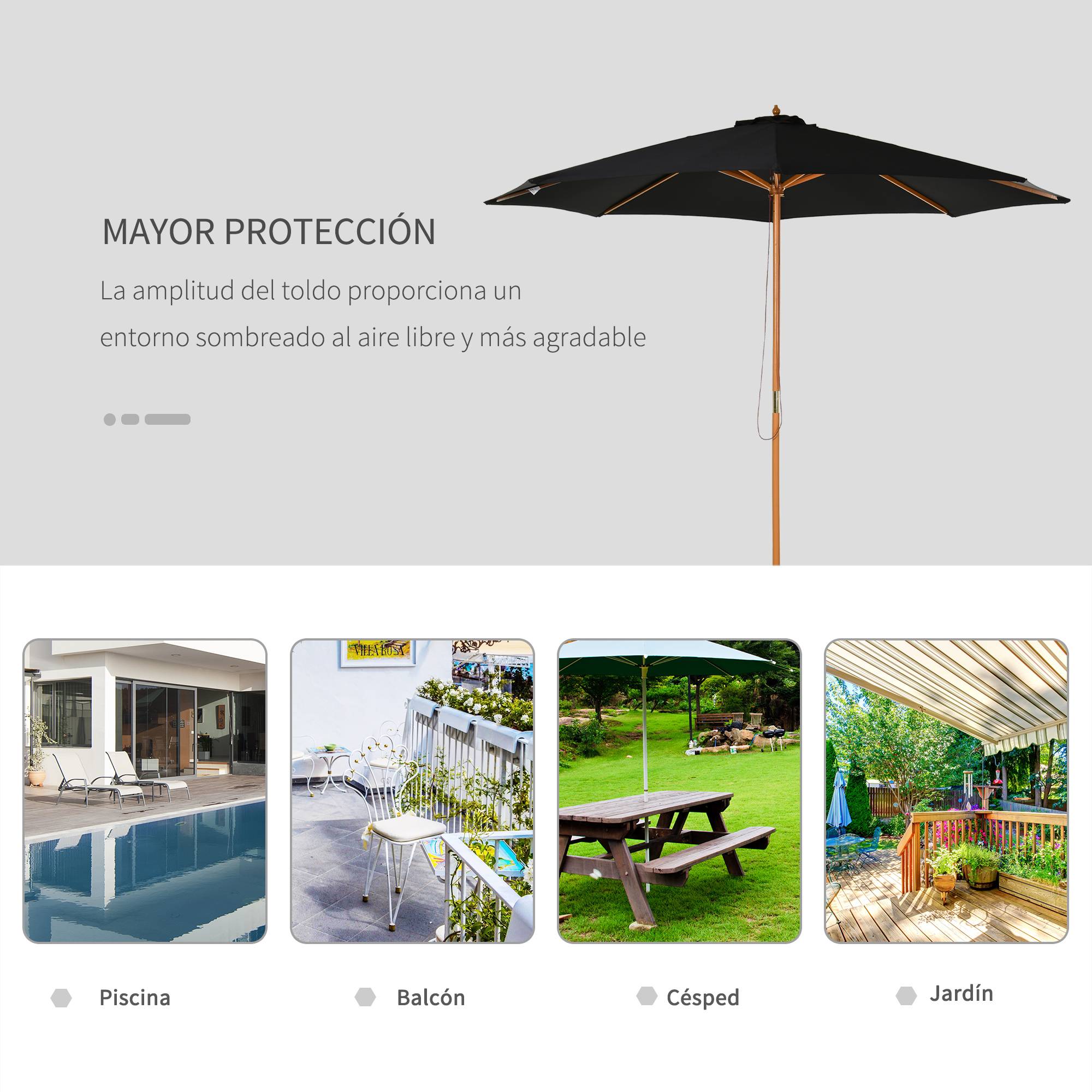 Parasol de terrasse extérieur Ø300 cm avec système de poulie, toit ventilé et mât détachable, noir - Image 8