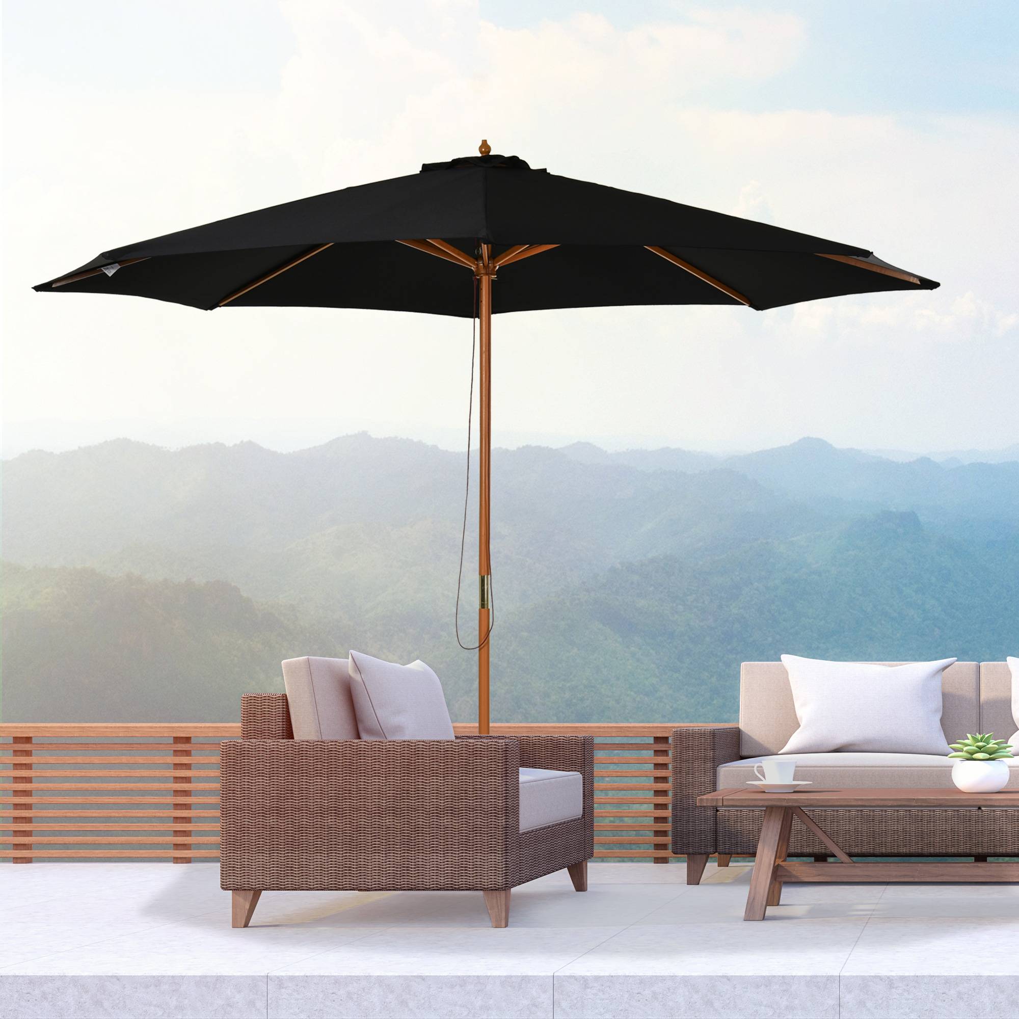 Parasol de terrasse extérieur Ø300 cm avec système de poulie, toit ventilé et mât détachable, noir - Image 3