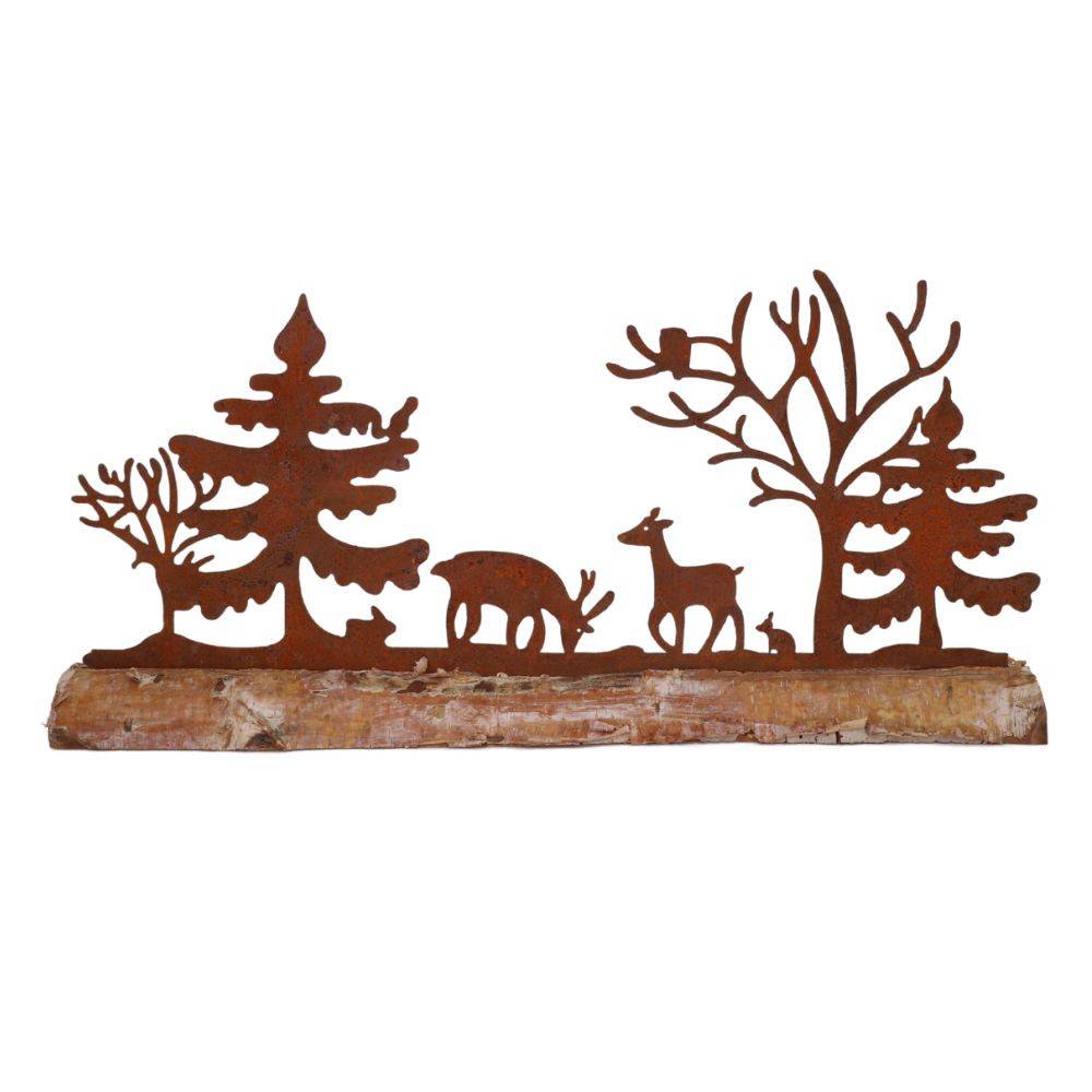 Scène des bois en métal rouillé sur rondin en bois L.46 x Ht.27 cm Chemin de campagne - Image 1