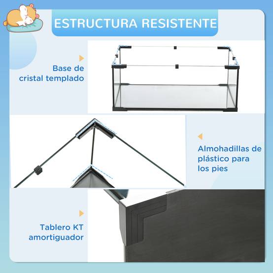 Cage pour hamster avec fond en verre, plateformes, gamelle, biberon, maisonnette, rampes et roue d'exercice, 60 x 40 x 54,5 cm, noire - Image 8
