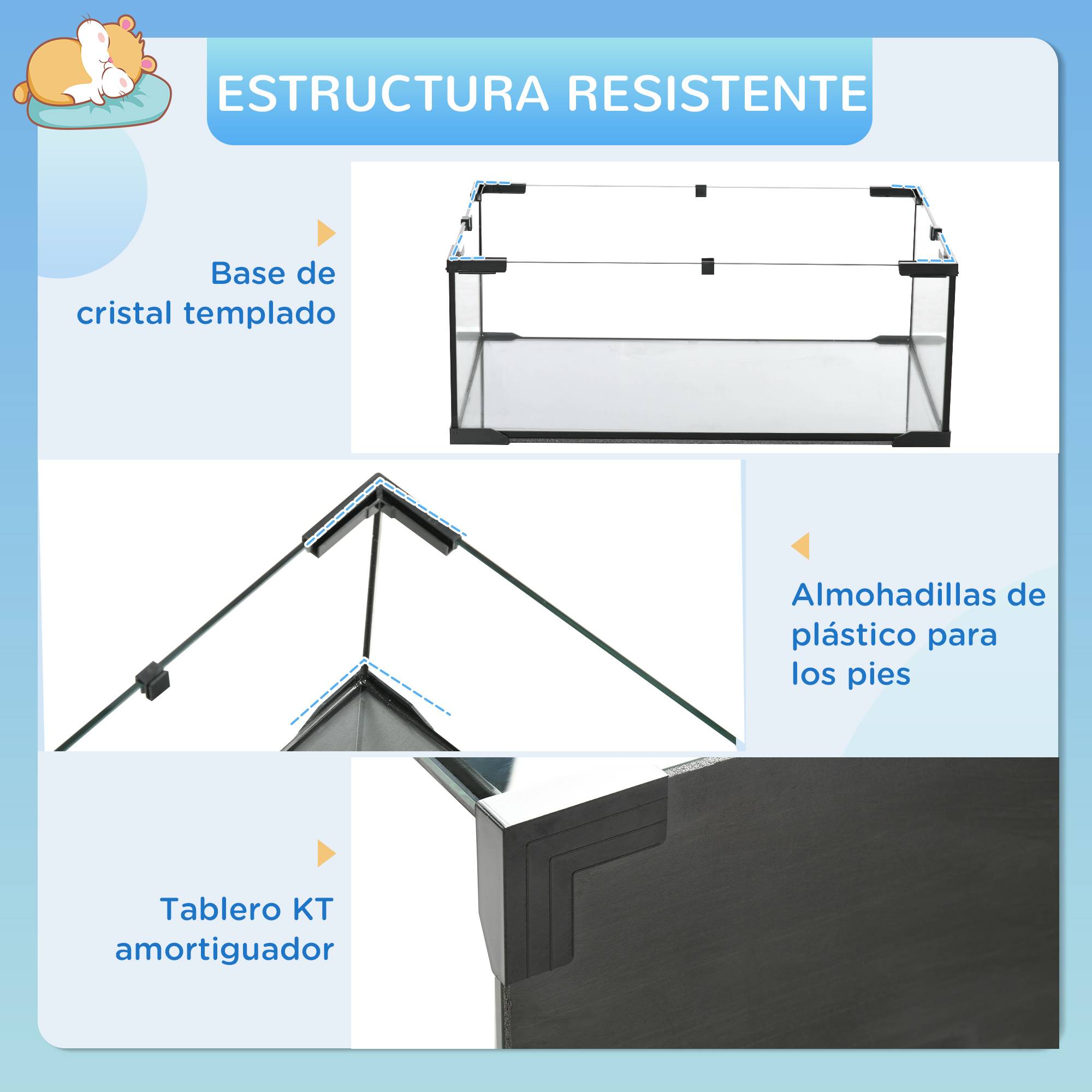 Cage pour hamster avec fond en verre, plateformes, gamelle, biberon, maisonnette, rampes et roue d'exercice, 60 x 40 x 54,5 cm, noire - Image 8
