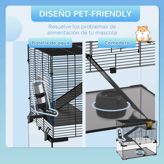 Cage pour hamster avec fond en verre, plateformes, gamelle, biberon, maisonnette, rampes et roue d'exercice, 60 x 40 x 54,5 cm, noire - Image 7