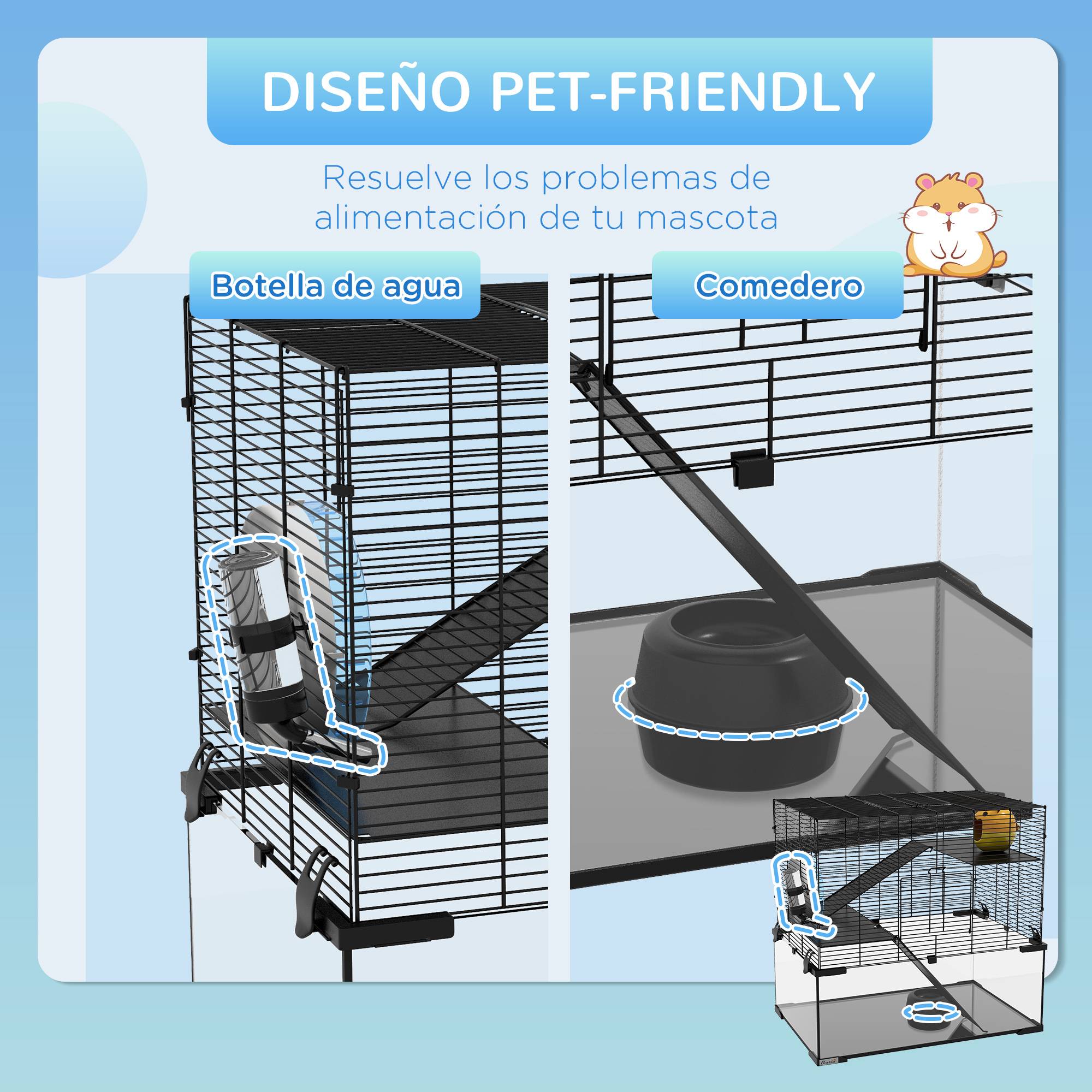 Cage pour hamster avec fond en verre, plateformes, gamelle, biberon, maisonnette, rampes et roue d'exercice, 60 x 40 x 54,5 cm, noire - Image 7