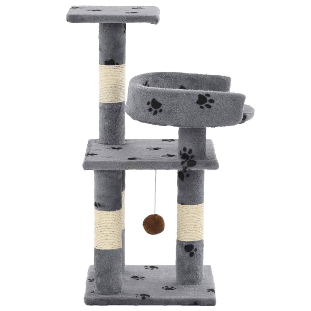 Helloshop26 - Arbre à chat griffoir grattoir niche jouet animaux peluché et sisal 65 cm empreintes de pattes gris - Image 3