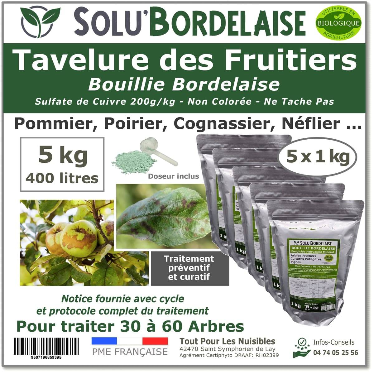 Solu'Bordelaise - Tavelure des Fruitiers - 5 kg de Bouillie Bordelaise Non Colorée- Polyvalent à base de Sulfate de Cuivre 200 g/kg-Doseur inclus-UAB