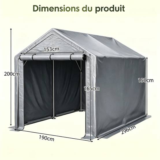 Carport abri multifonction 296×190×200 cm, acier galvanisé, bâche imperméable anti-UV gris - Image 2