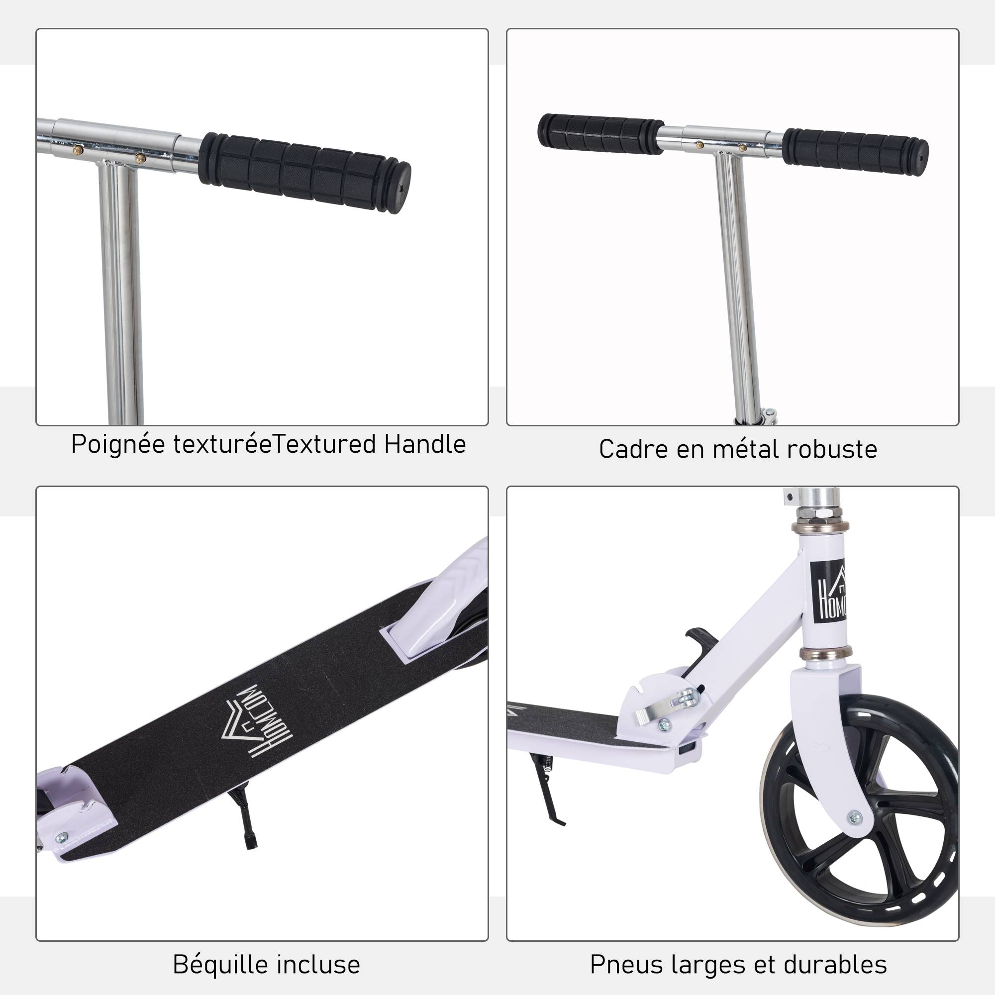 Trottinette Pliable Enfant et Adolescent, Guidon Réglable sur 4 Niveaux, Frein Arrière, 100 kg Max., Blanc - Image 9