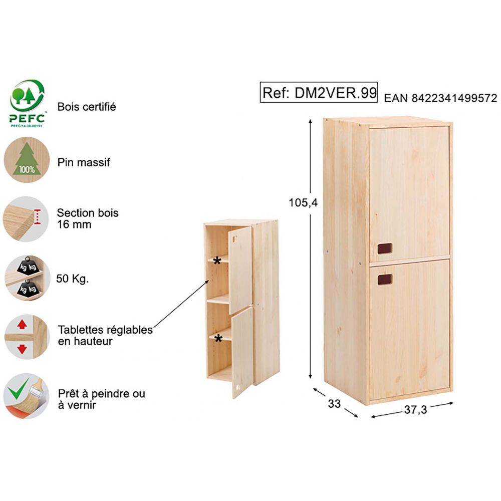Armoire en pin brut 2 portes 4 tablettes Dinamic - Imagen 3