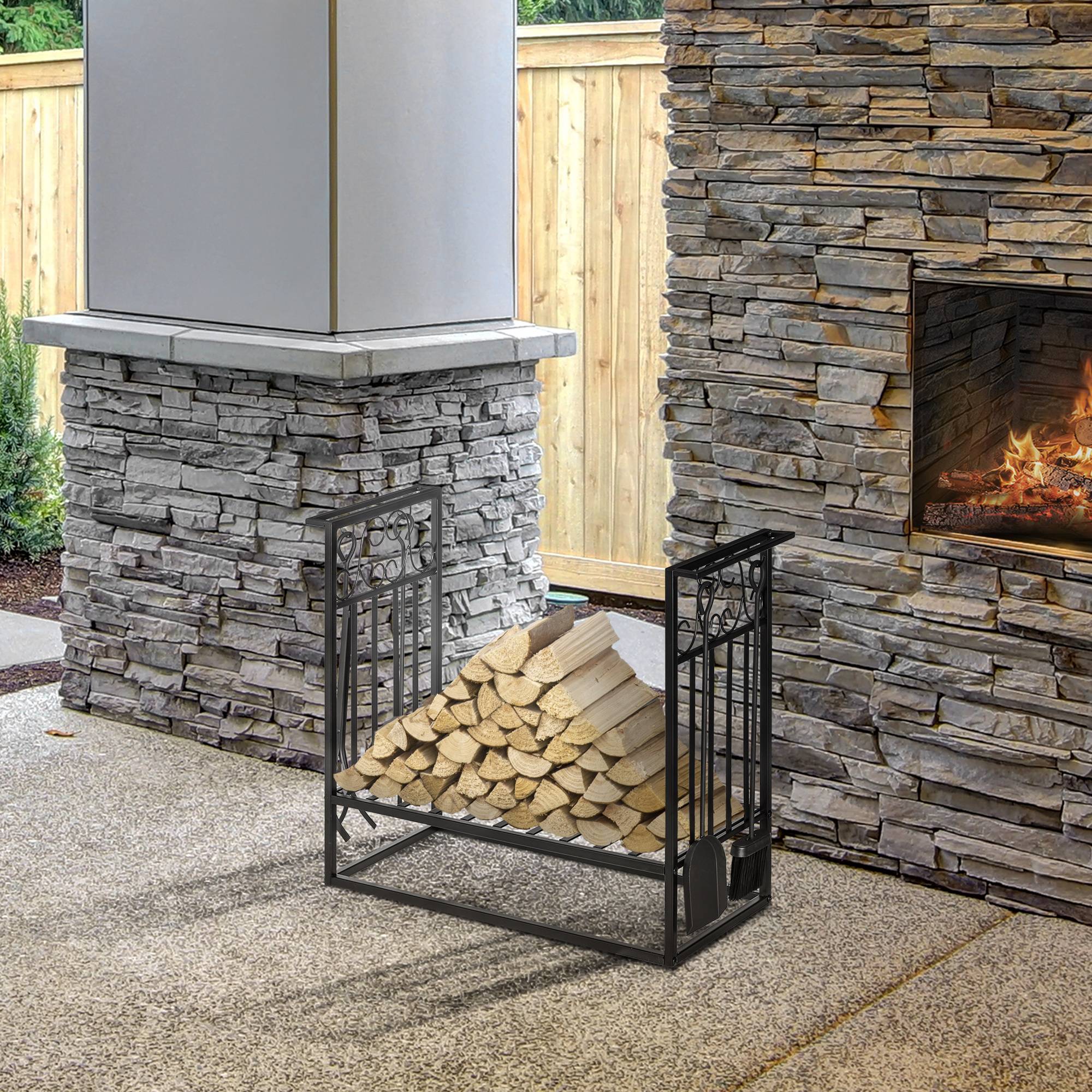 ComfortXL - Serviteur de cheminée et range-bûches en acier noir 75 x 30 x 60 cm avec étagère et 4 outils pour poêle à bois - Image 1
