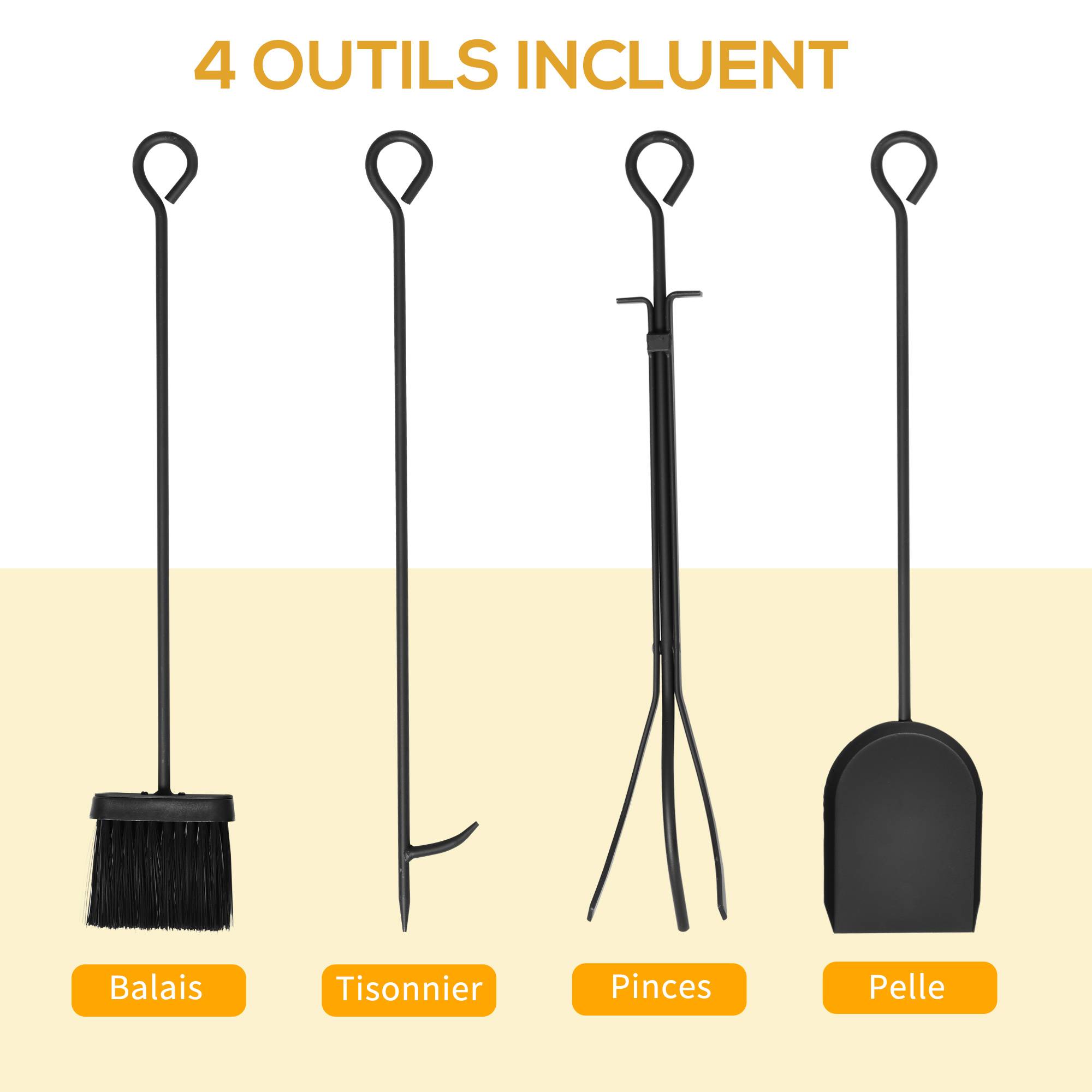 ComfortXL - Serviteur de cheminée et range-bûches en acier noir 75 x 30 x 60 cm avec étagère et 4 outils pour poêle à bois - Image 4
