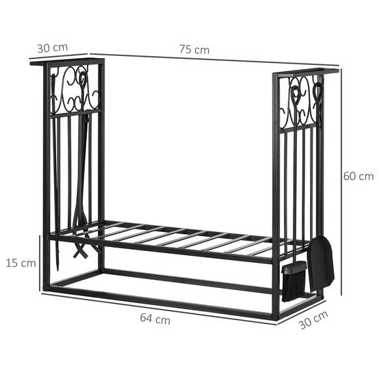 ComfortXL - Serviteur de cheminée et range-bûches en acier noir 75 x 30 x 60 cm avec étagère et 4 outils pour poêle à bois - Image 3