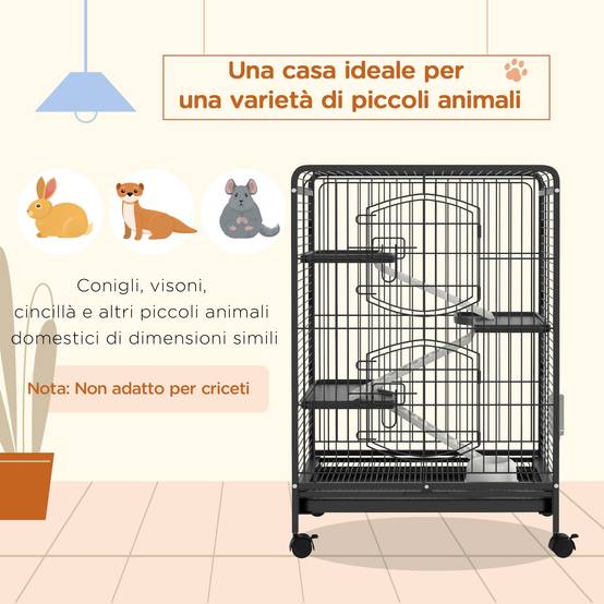 Cage lapins chinchillas métal 3 niveaux sur roulettes accessoires 62x44x95cm noir - ComfortXL Outdoor Living - Image 6