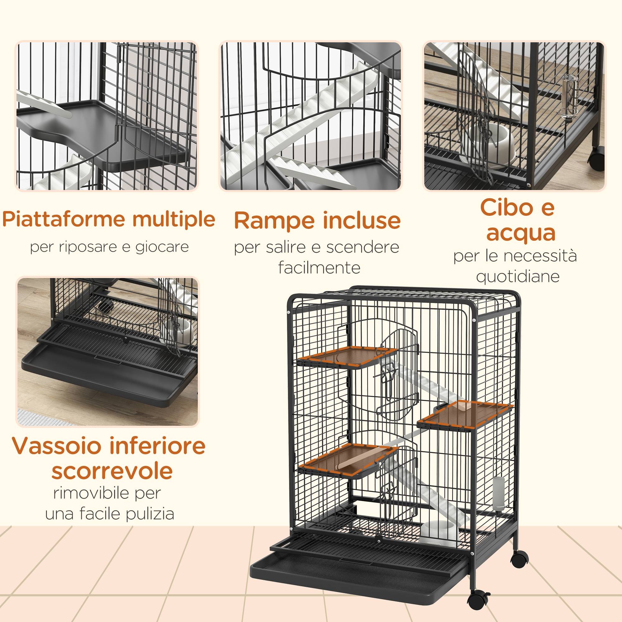 Cage lapins chinchillas métal 3 niveaux sur roulettes accessoires 62x44x95cm noir - ComfortXL Outdoor Living - Image 8