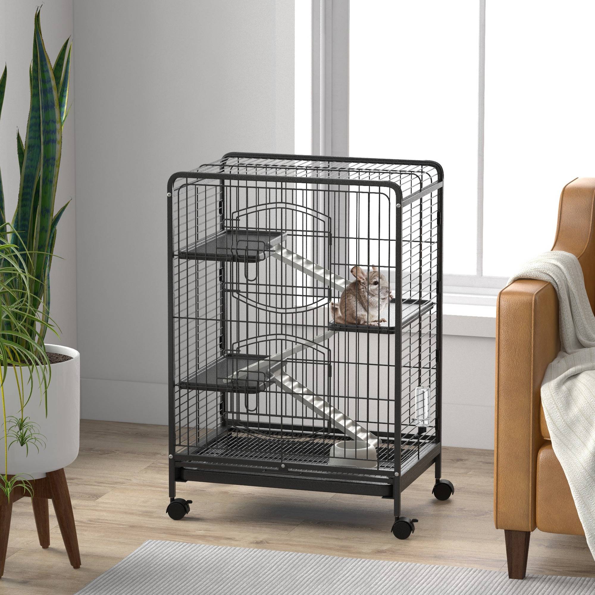 Cage lapins chinchillas métal 3 niveaux sur roulettes accessoires 62x44x95cm noir - ComfortXL Outdoor Living - Image 4