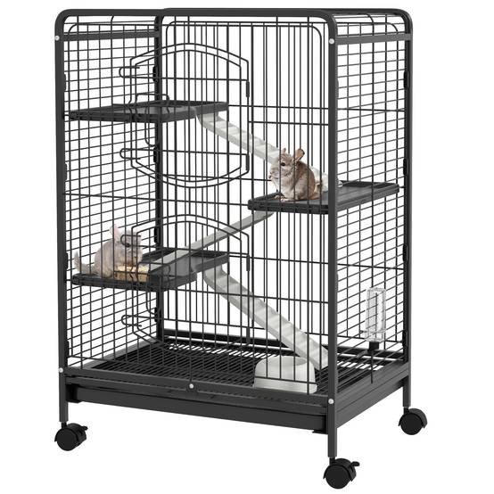 Cage lapins chinchillas métal 3 niveaux sur roulettes accessoires 62x44x95cm noir - ComfortXL Outdoor Living - Image 1