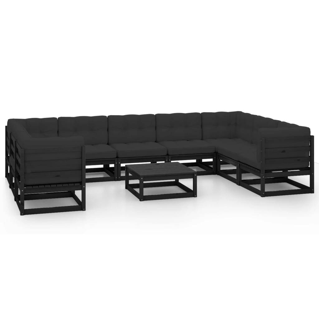 Helloshop26 - Salon de jardin meuble d'extérieur ensemble de mobilier 10 pièces avec coussins noir bois de pin massif - Imagen 1