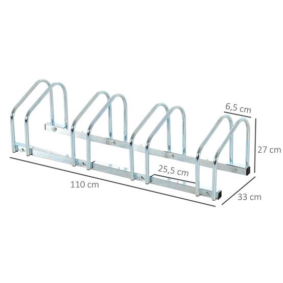 Support de stationnement pour 4 vélos, en acier, pour ranger les vélos au sol ou au mur, 110 x 33 x 27 cm, argent - Image 5