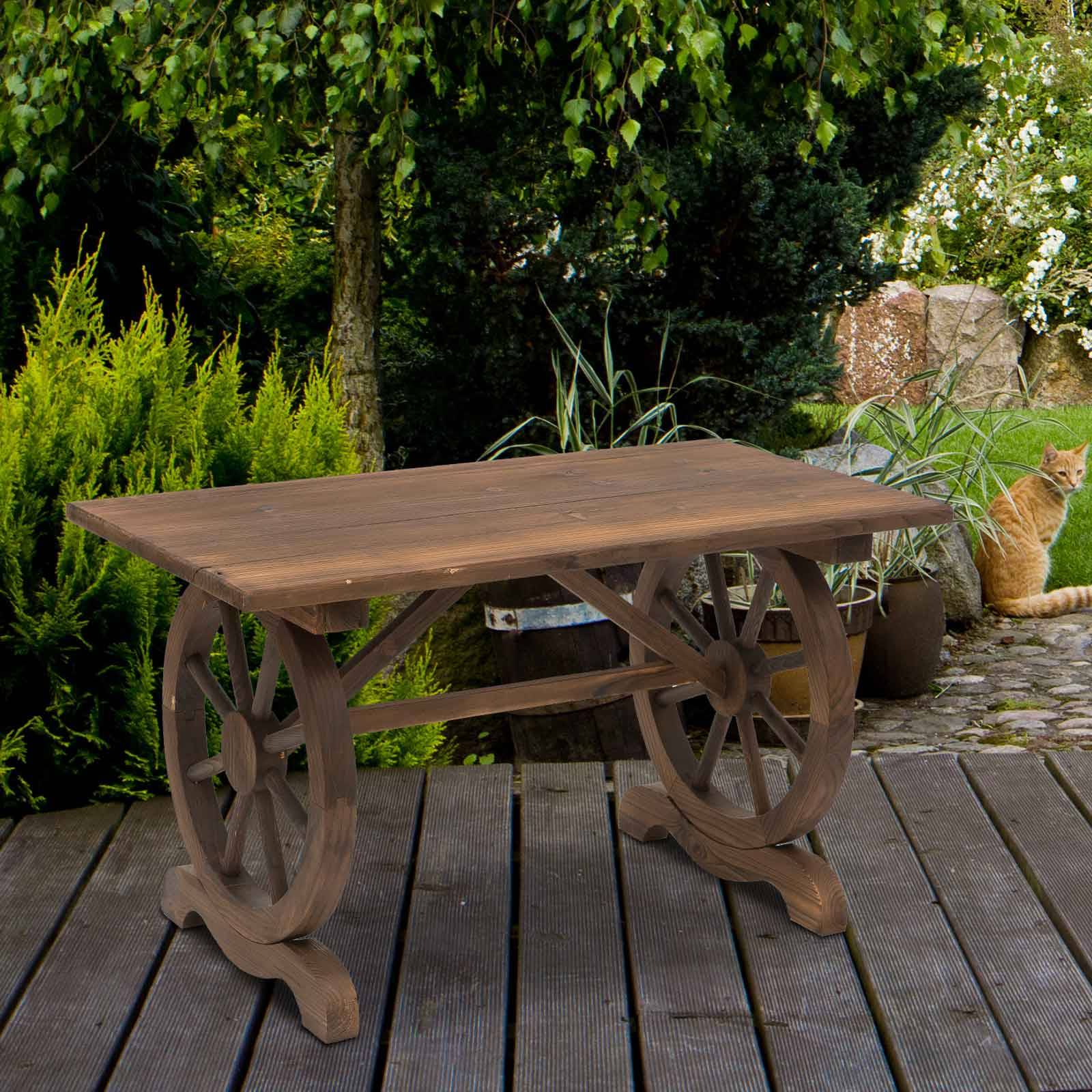 Table de Jardin Bois Massif Style Campagne Pieds Roues Chariot 110x60cm - ComfortXL Outdoor Living - Image 3