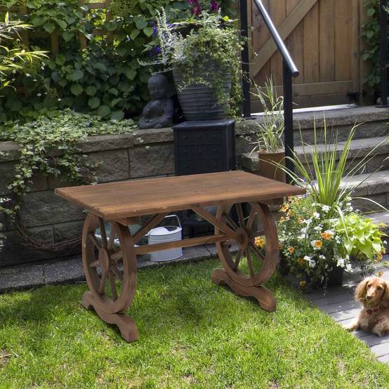Table de Jardin Bois Massif Style Campagne Pieds Roues Chariot 110x60cm - ComfortXL Outdoor Living - Image 4