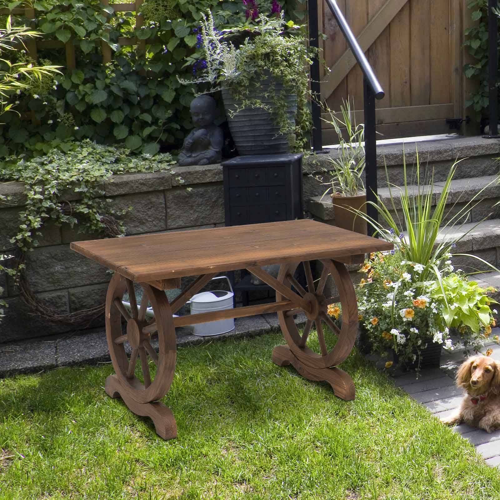 Table de Jardin Bois Massif Style Campagne Pieds Roues Chariot 110x60cm - ComfortXL Outdoor Living - Image 4