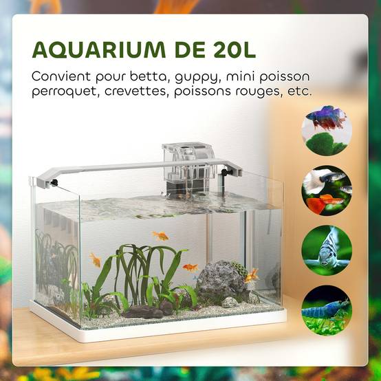 Aquarium panoramique verre 20L filtre cascade éclairage LED poissons 38x26x27cm blanc - ComfortXL Outdoor Living - Image 8