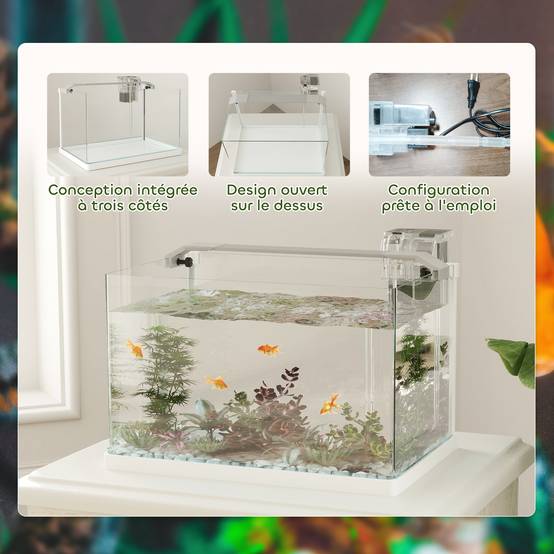 Aquarium panoramique verre 20L filtre cascade éclairage LED poissons 38x26x27cm blanc - ComfortXL Outdoor Living - Image 9