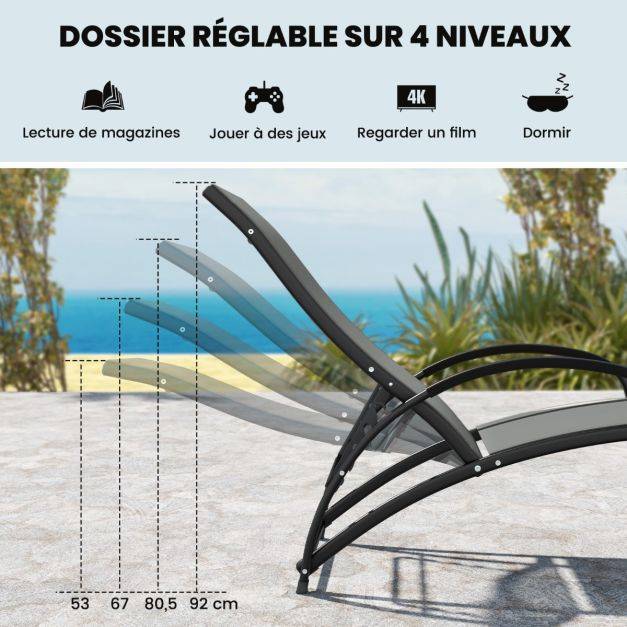 Helloshop26 - Chaise à bascule d'extérieur chaise longue convertible dossier réglable à 4 positions accoudoirs incurvés cadre en aluminium noir - Imagen 5
