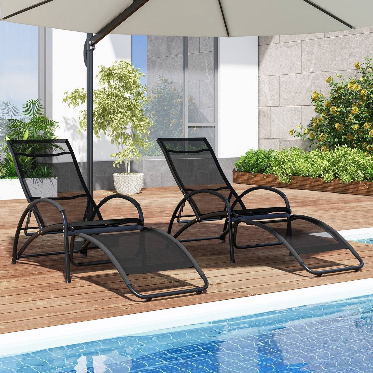 Helloshop26 - Chaise à bascule d'extérieur chaise longue convertible dossier réglable à 4 positions accoudoirs incurvés cadre en aluminium noir - Imagen 2