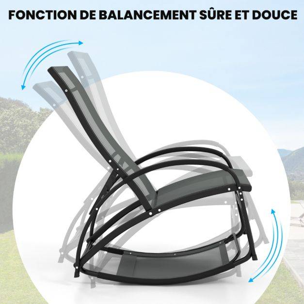 Helloshop26 - Chaise à bascule d'extérieur chaise longue convertible dossier réglable à 4 positions accoudoirs incurvés cadre en aluminium noir - Imagen 4