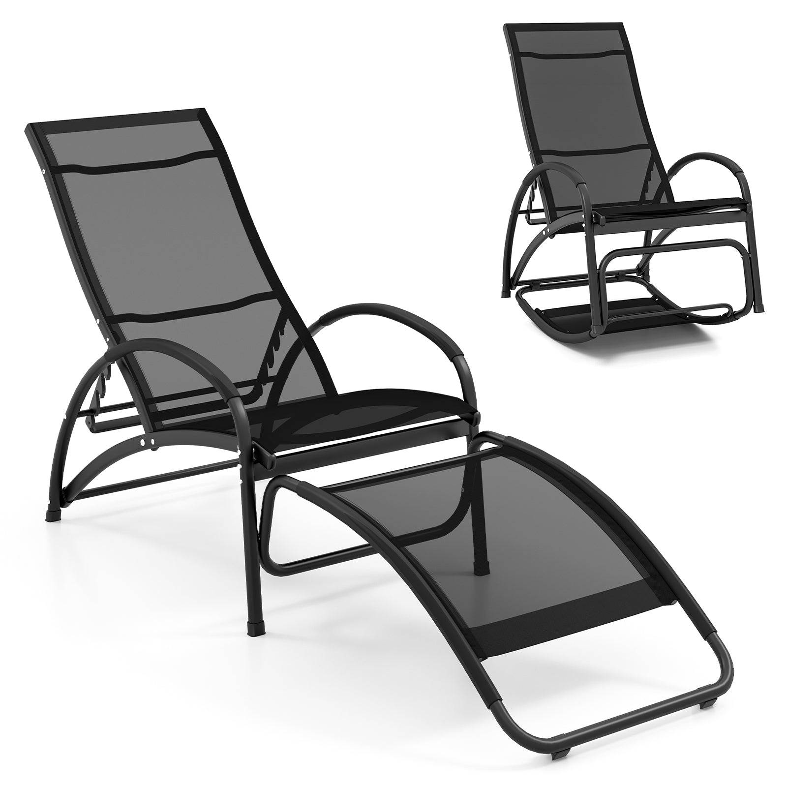 Helloshop26 - Chaise à bascule d'extérieur chaise longue convertible dossier réglable à 4 positions accoudoirs incurvés cadre en aluminium noir - Imagen 1