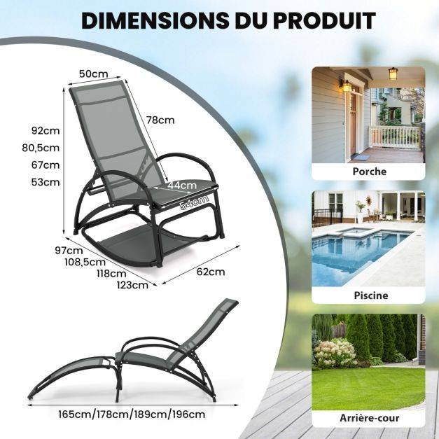 Helloshop26 - Chaise à bascule d'extérieur chaise longue convertible dossier réglable à 4 positions accoudoirs incurvés cadre en aluminium noir - Imagen 6