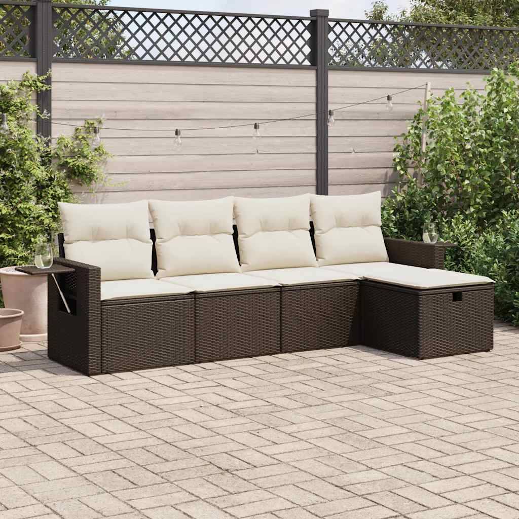 Salon de jardin 4 places résine tressée avec pouf rangement et tablettes intégrées pour patio Marron – ComfortXL Outdoor Living - Image 1