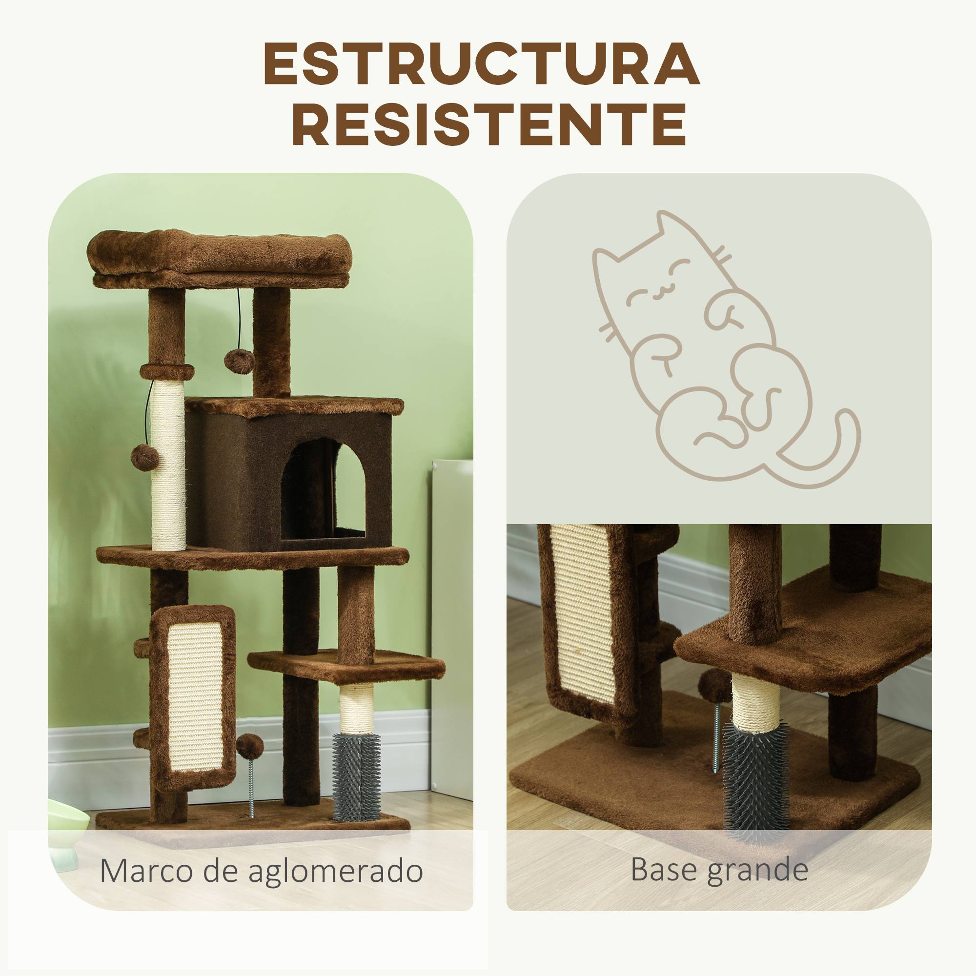 Arbre à Chats 104 cm avec Niche Brosse de Massage Griffoir et Jouets Suspendus Marron - ComfortXL Outdoor Living - Image 8