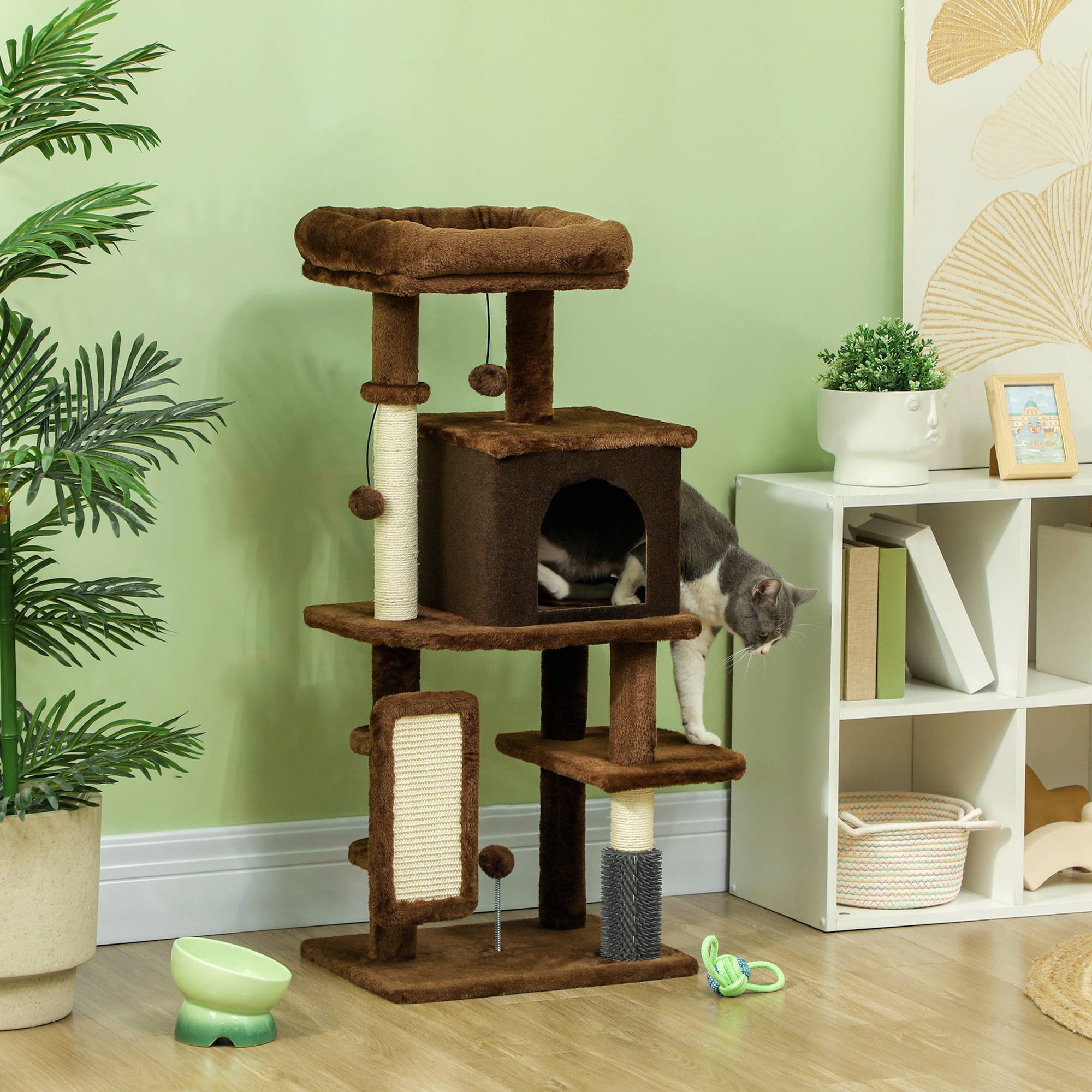Arbre à Chats 104 cm avec Niche Brosse de Massage Griffoir et Jouets Suspendus Marron - ComfortXL Outdoor Living - Image 3