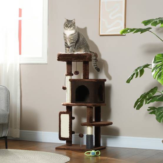 Arbre à Chats 104 cm avec Niche Brosse de Massage Griffoir et Jouets Suspendus Marron - ComfortXL Outdoor Living - Image 4
