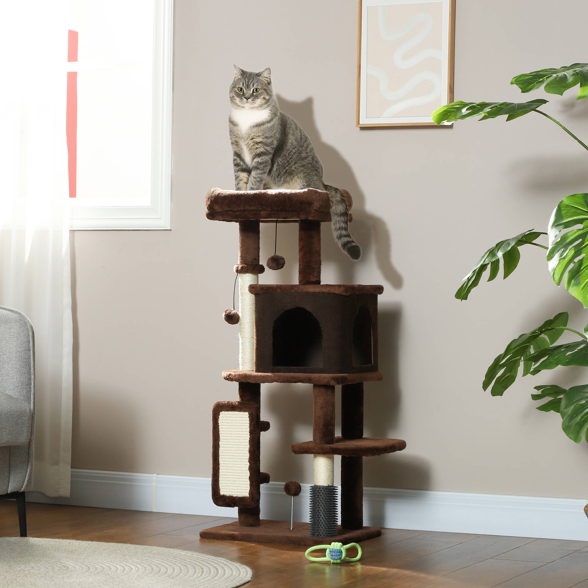 Arbre à Chats 104 cm avec Niche Brosse de Massage Griffoir et Jouets Suspendus Marron - ComfortXL Outdoor Living - Image 4