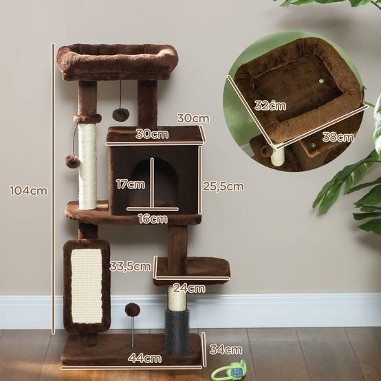 Arbre à Chats 104 cm avec Niche Brosse de Massage Griffoir et Jouets Suspendus Marron - ComfortXL Outdoor Living - Image 5