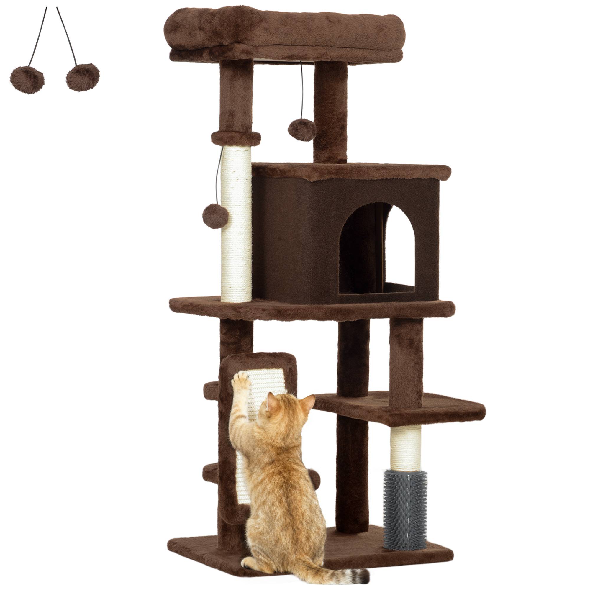 Arbre à Chats 104 cm avec Niche Brosse de Massage Griffoir et Jouets Suspendus Marron - ComfortXL Outdoor Living - Image 1