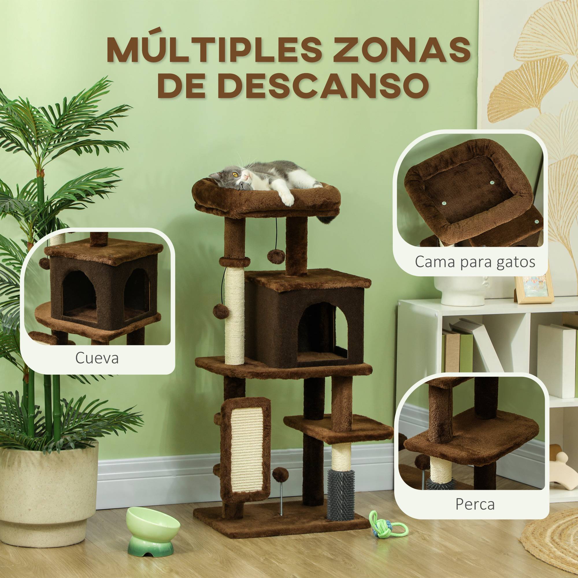 Arbre à Chats 104 cm avec Niche Brosse de Massage Griffoir et Jouets Suspendus Marron - ComfortXL Outdoor Living - Image 6