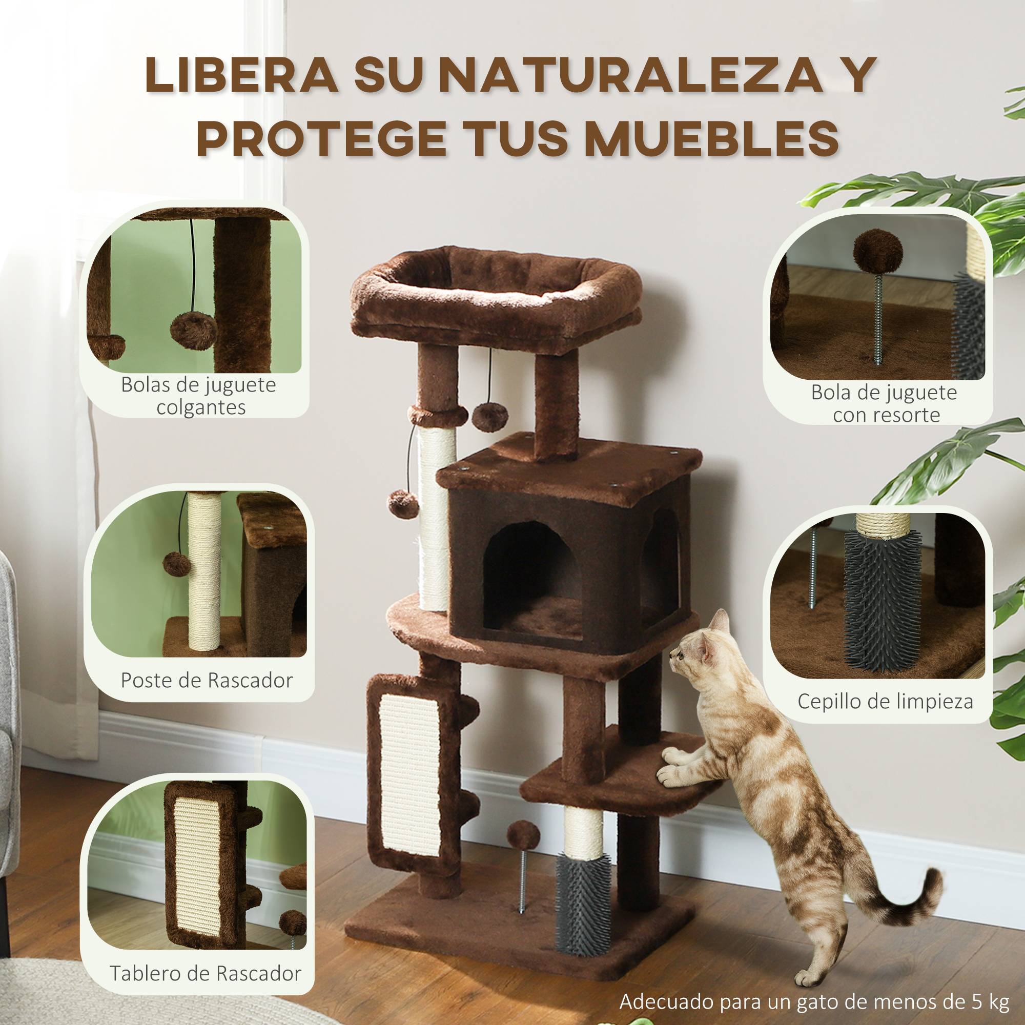 Arbre à Chats 104 cm avec Niche Brosse de Massage Griffoir et Jouets Suspendus Marron - ComfortXL Outdoor Living - Image 7